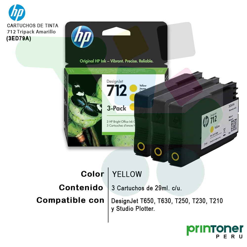 Tinta hp 712 tripack pack por 3 unidades 3ed79a yellow - Printoner Perú - 3