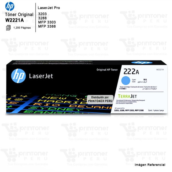TONER HP 222A W2221A CIAN 3203, 3288, 3303, 3388 1,200PÁG. - ORIGINAL