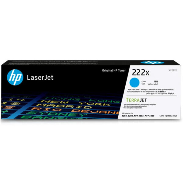 Toner HP 222X W2221X Cyan Original para LaserJet Pro 3203, 3288, 3303 y 3388 – 2,500 Páginas