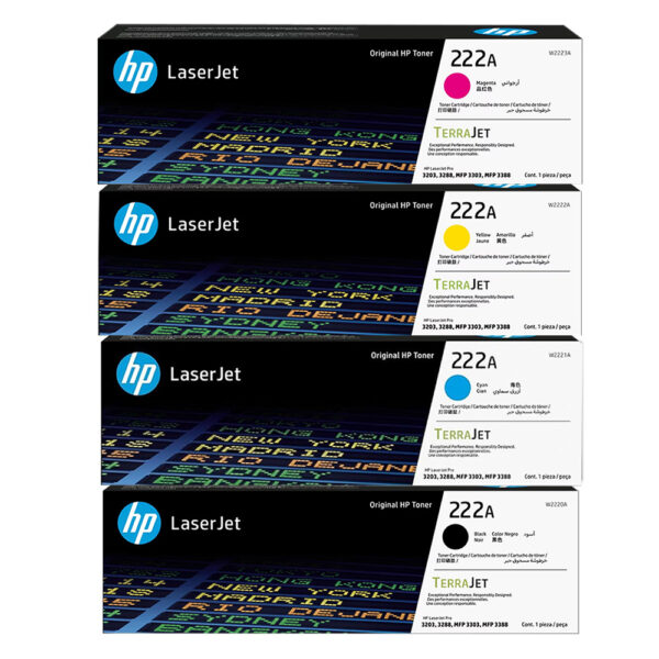 Kit 4 Toner HP 222A Original – Negro, Cyan, Magenta y Amarillo para LaserJet Pro 3203, 3303 y 3388